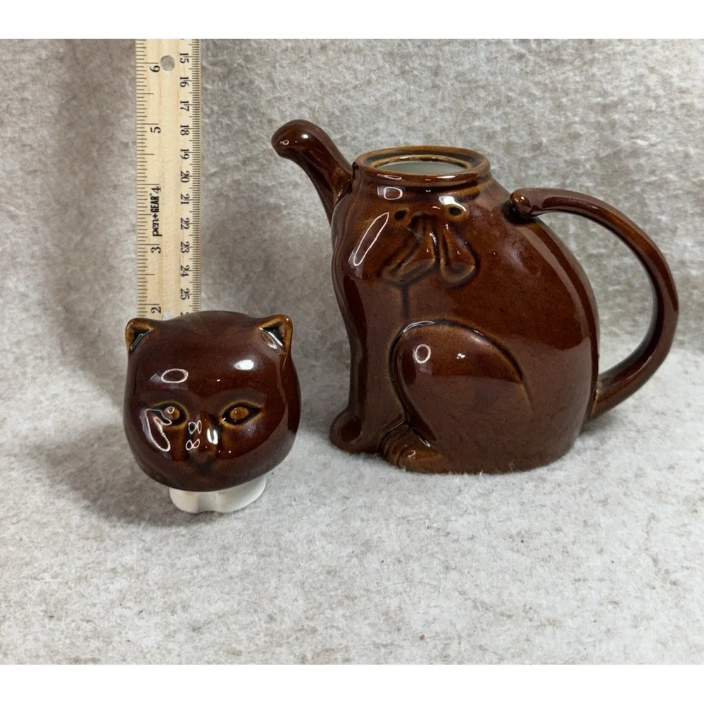 Vintage Brown Cat Chinese Ceramic‎ Tea Pot Glossy Glaze